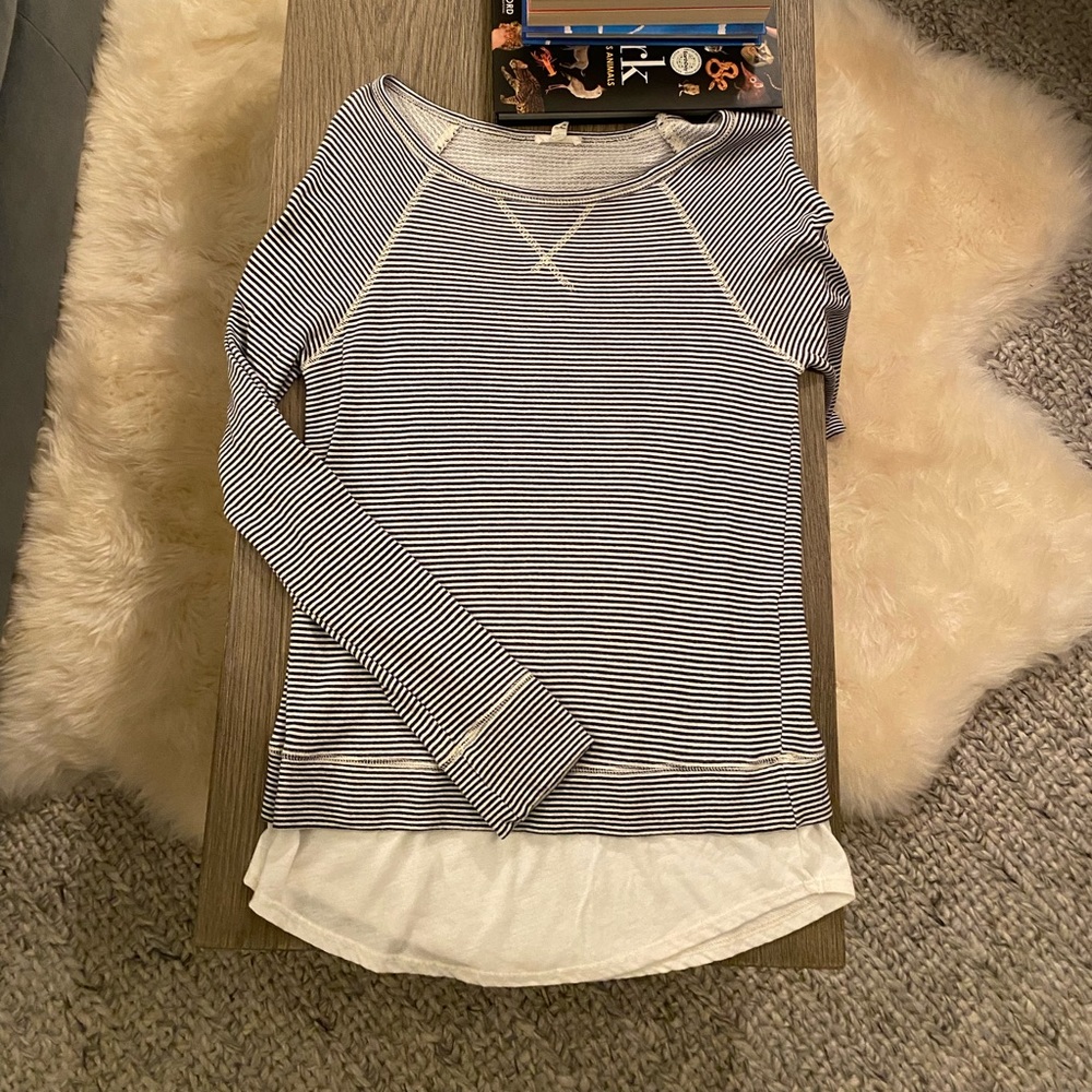Soft Joie, size S, navy/ white striped, long sleeve tee with boatneck collar.